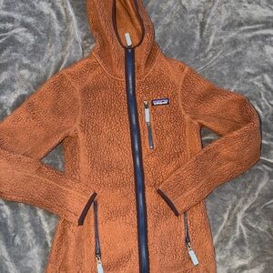 Patagonia Womens XS Retro Pile Deep Fleece Brown Pink Hooded Zip Sweater Jacket